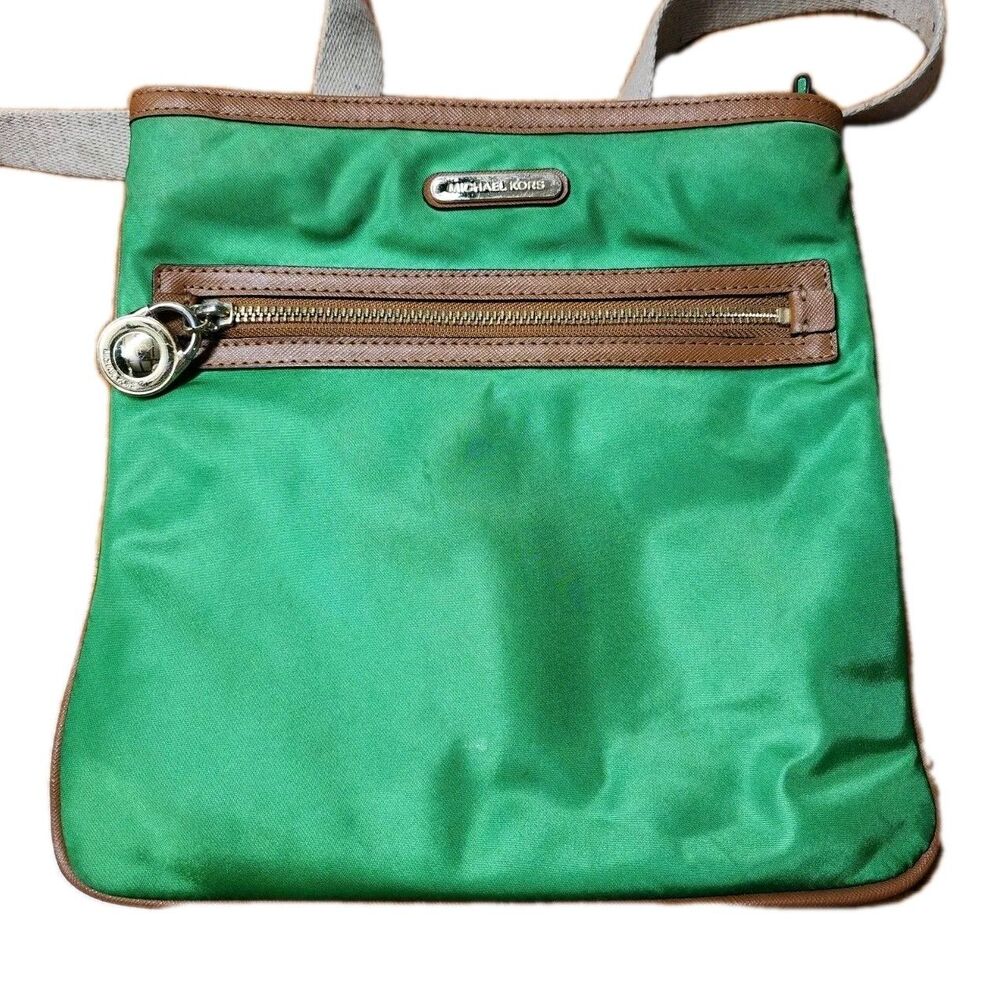 Michael Kors Kelly Green Nylon & Cognac PVC Crossbody.